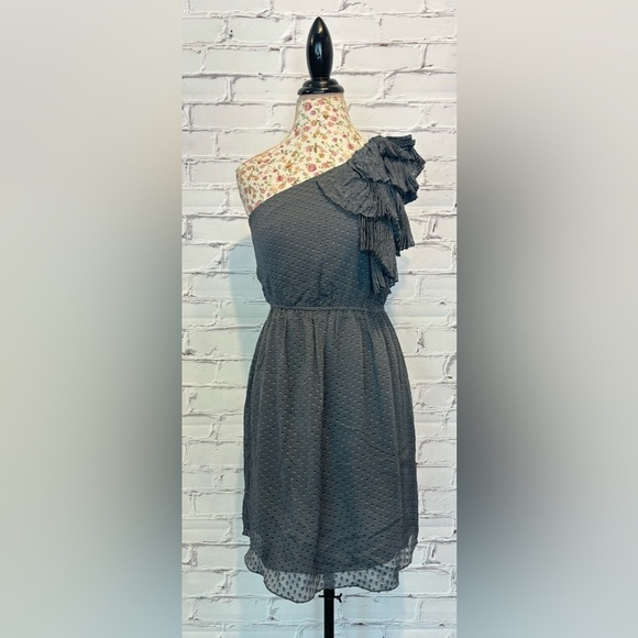 REBECCA TAYLOR GRAY 1 SHOULDER RUFFLED DRESS DOT SILK CHIFFON PARTY MINI - 4 - Picture 3 of 8